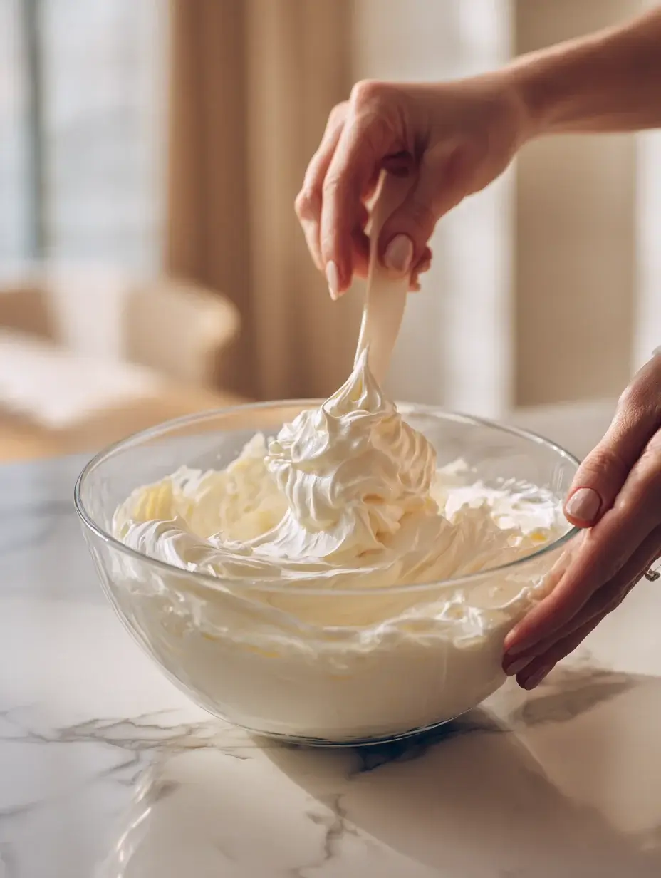 Folding whipped cream into smooth Brie mixture for mousse.