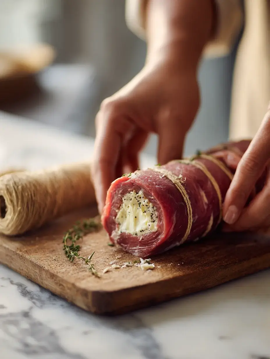 Rolling beef tenderloin around truffle mascarpone filling before tying with twine