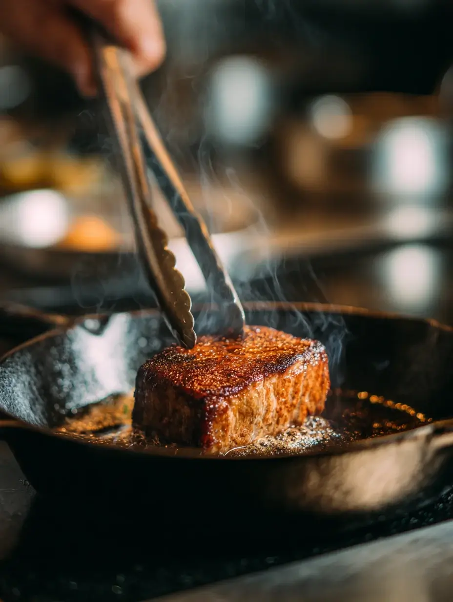 Step-by-step process of searing Wagyu cube and preparing sweet corn cream and paprika soil.