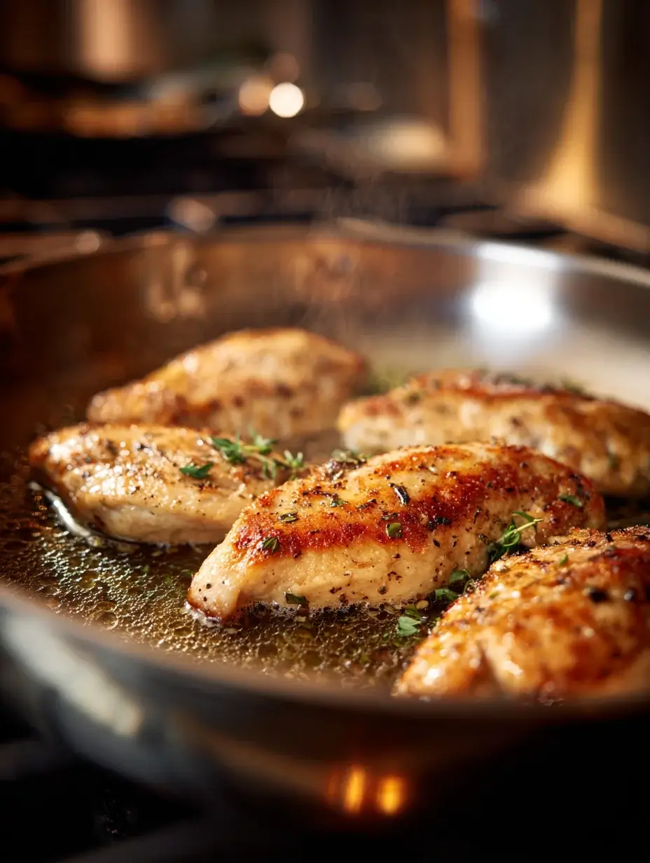 Chicken breasts searing skin-side down in olive oil with herbs.