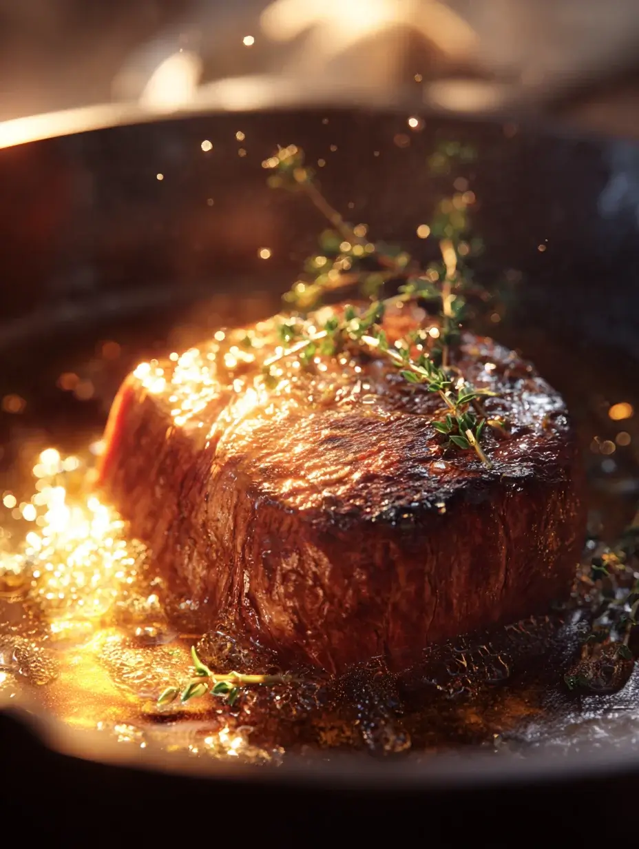 Searing beef tenderloin with thyme and butter in a cast-iron skillet.