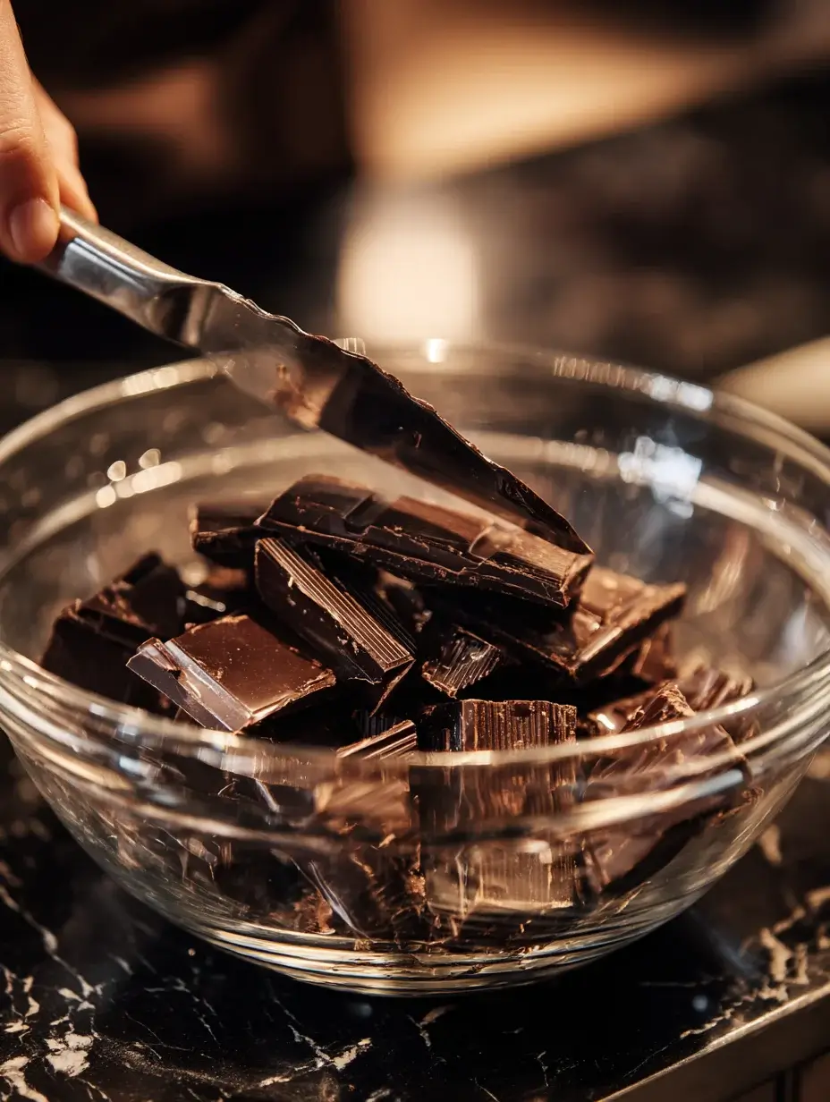 Chef melting dark chocolate over a bain-marie with a silicone spatula.