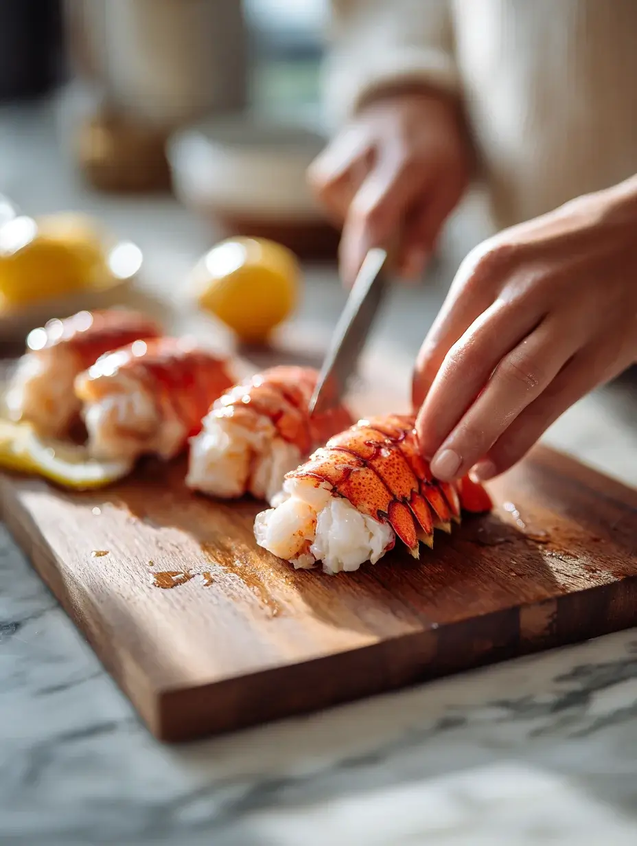 Slicing lobster tail medallions for plating.