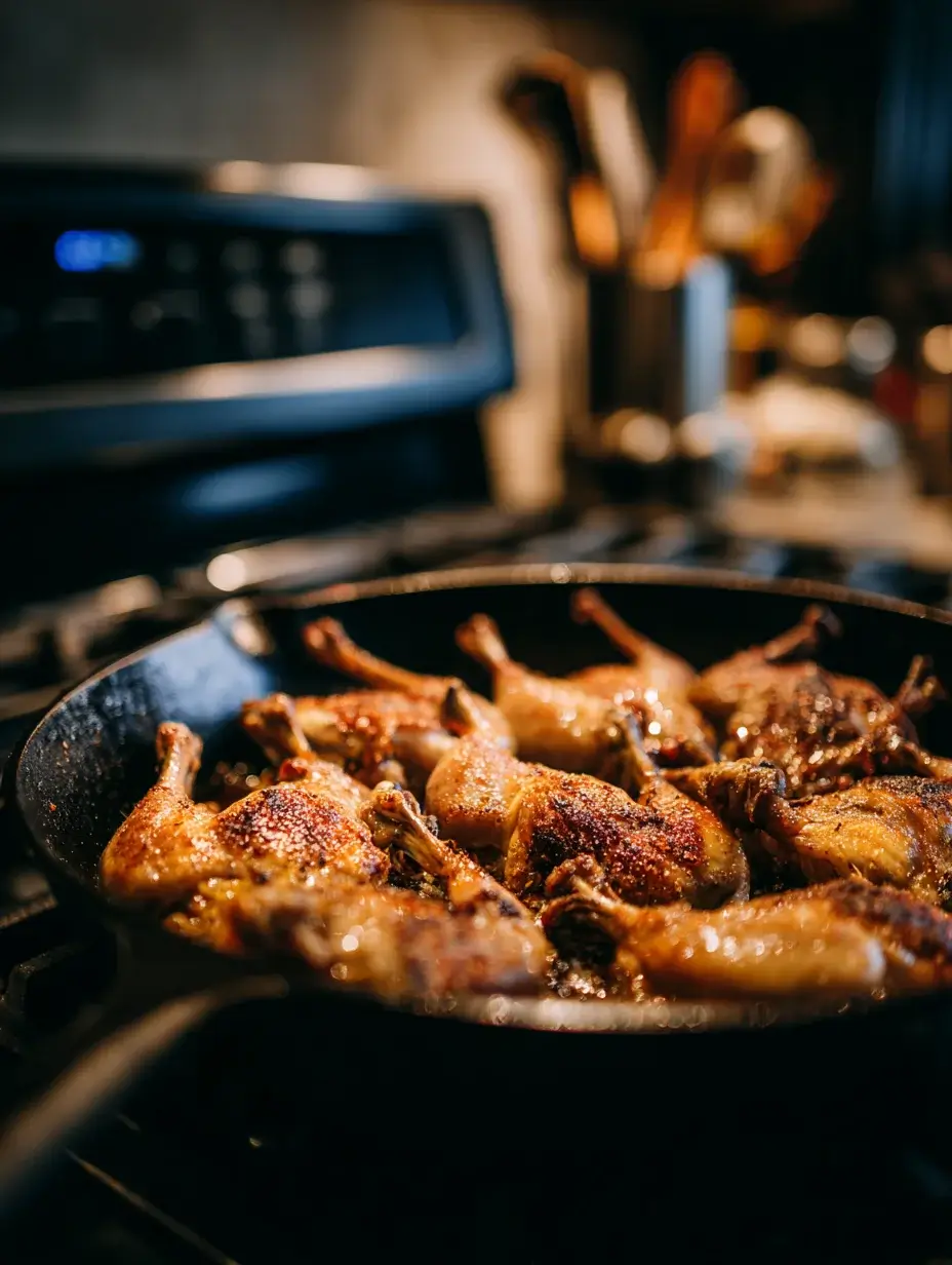 Quail legs searing golden brown in a pan.