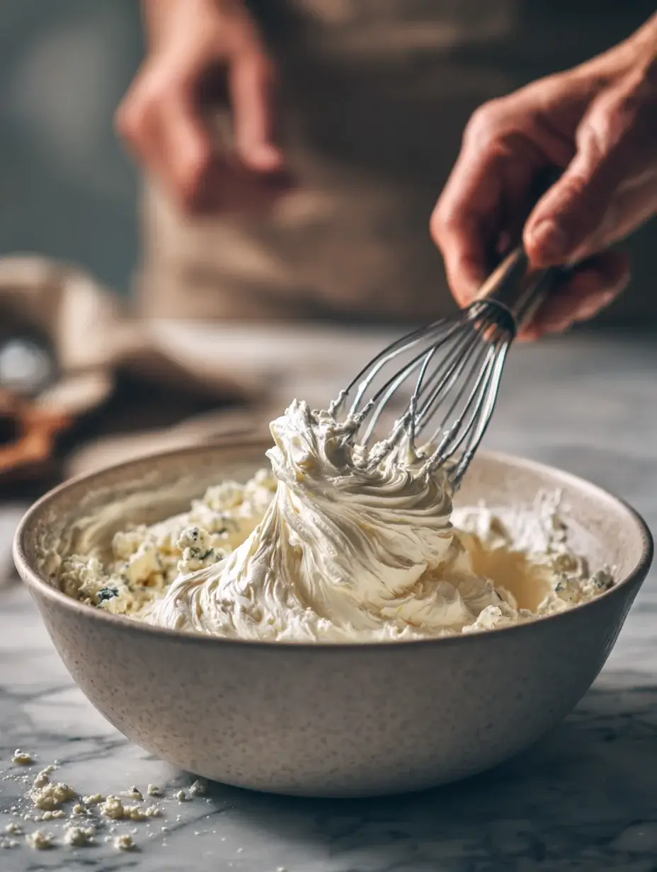 Folding whipped cream into melted blue cheese mixture for mousse.