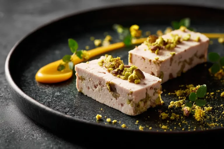 Pressed Chicken Terrine served with carrot gel and pistachio dust.