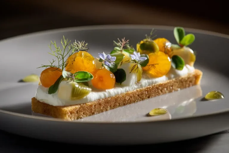 Savory fruit tart with citrus pearls and herbed cream on marble countertop.