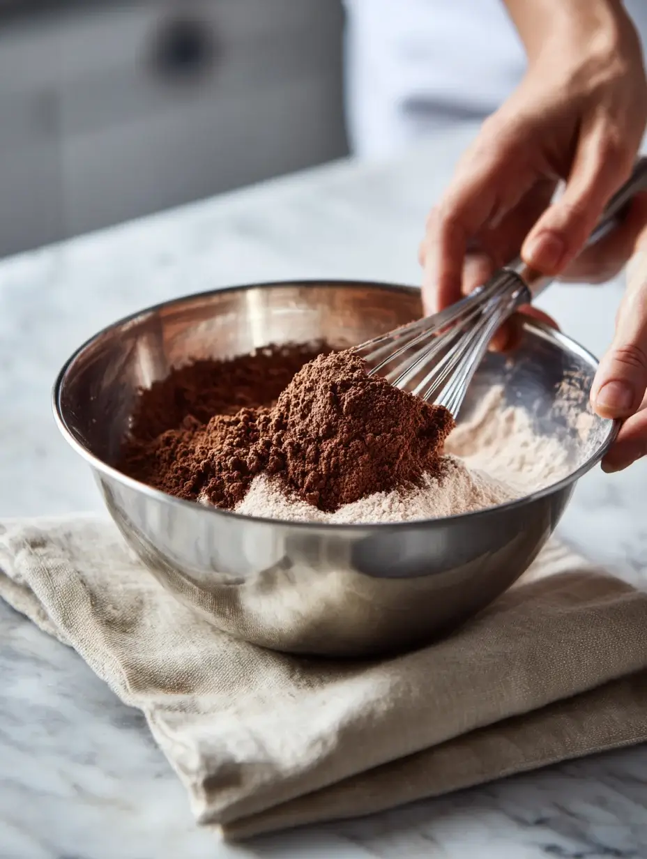 Chef mixing cocoa soil ingredients in a bowl on marble countertop