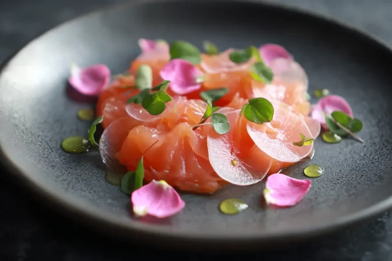 Elegant salmon rose petal appetizer with pickled radish veil and lemon blossom oil.