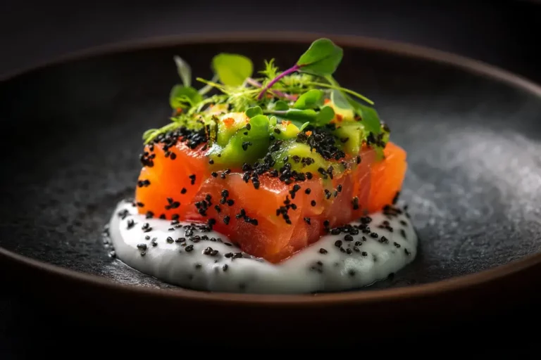 Smoked Salmon Cube with Avocado Cloud plated with sesame dust and herbs.