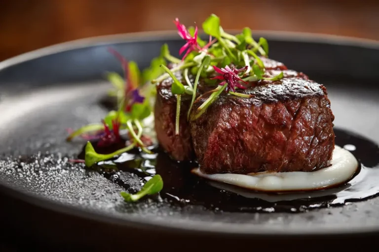 Beef Tenderloin with Celeriac Silk plated with black garlic glaze and herb ash