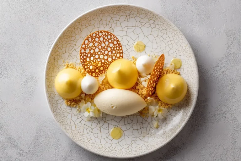 Lemon Mousse dessert with vanilla ice cream and almond crumble