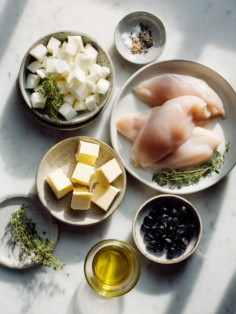 Ingredients for sous-vide chicken with celeriac cream and herb oil.
