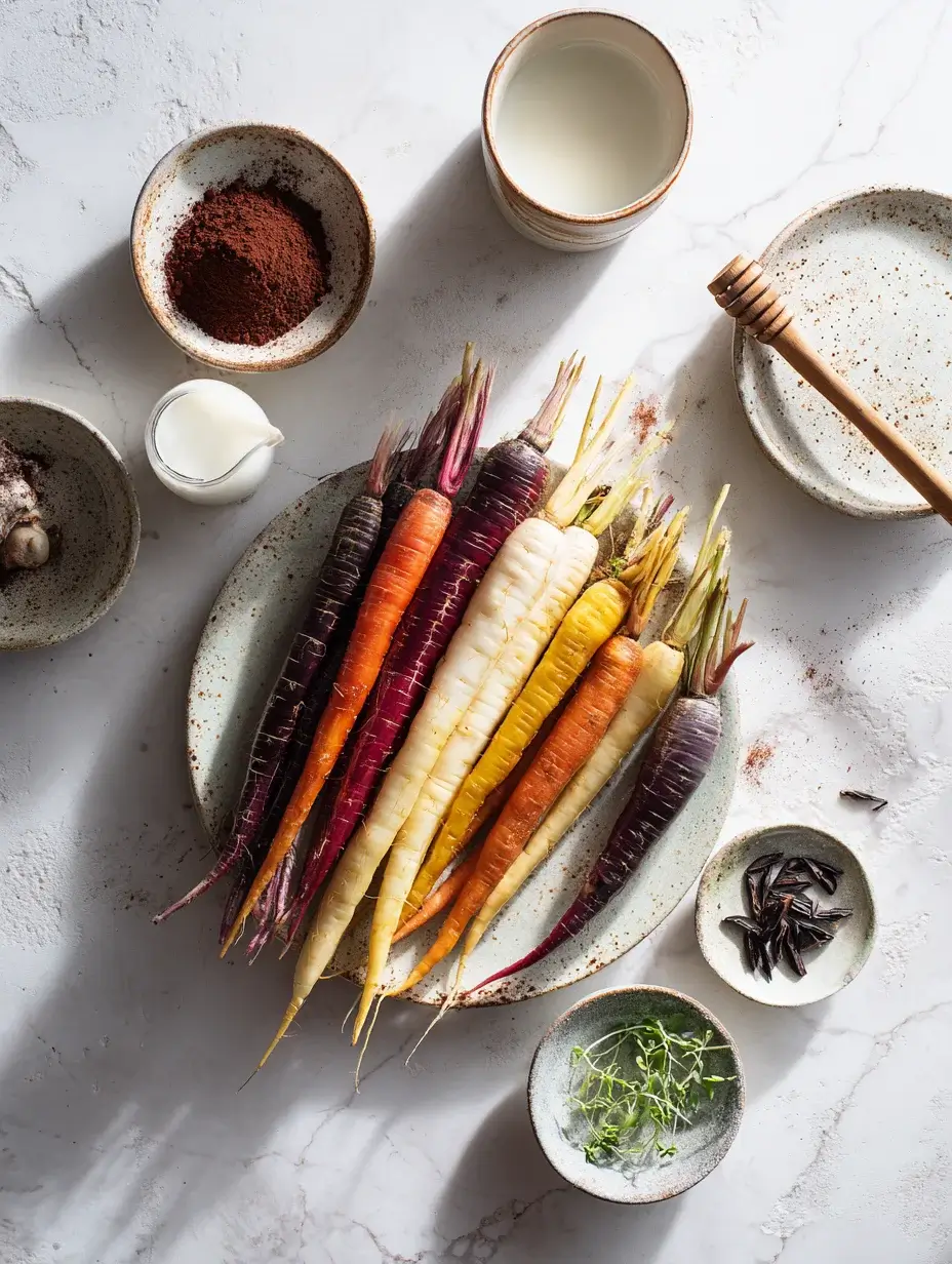 Ingredients for Root Veg Verrine dessert arranged on marble surface.