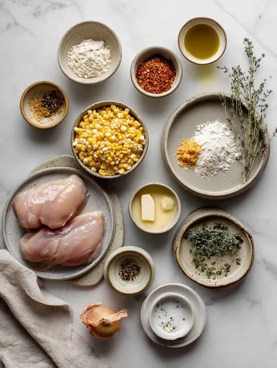 Fresh ingredients for roasted chicken breast and corn velouté arranged on marble countertop.