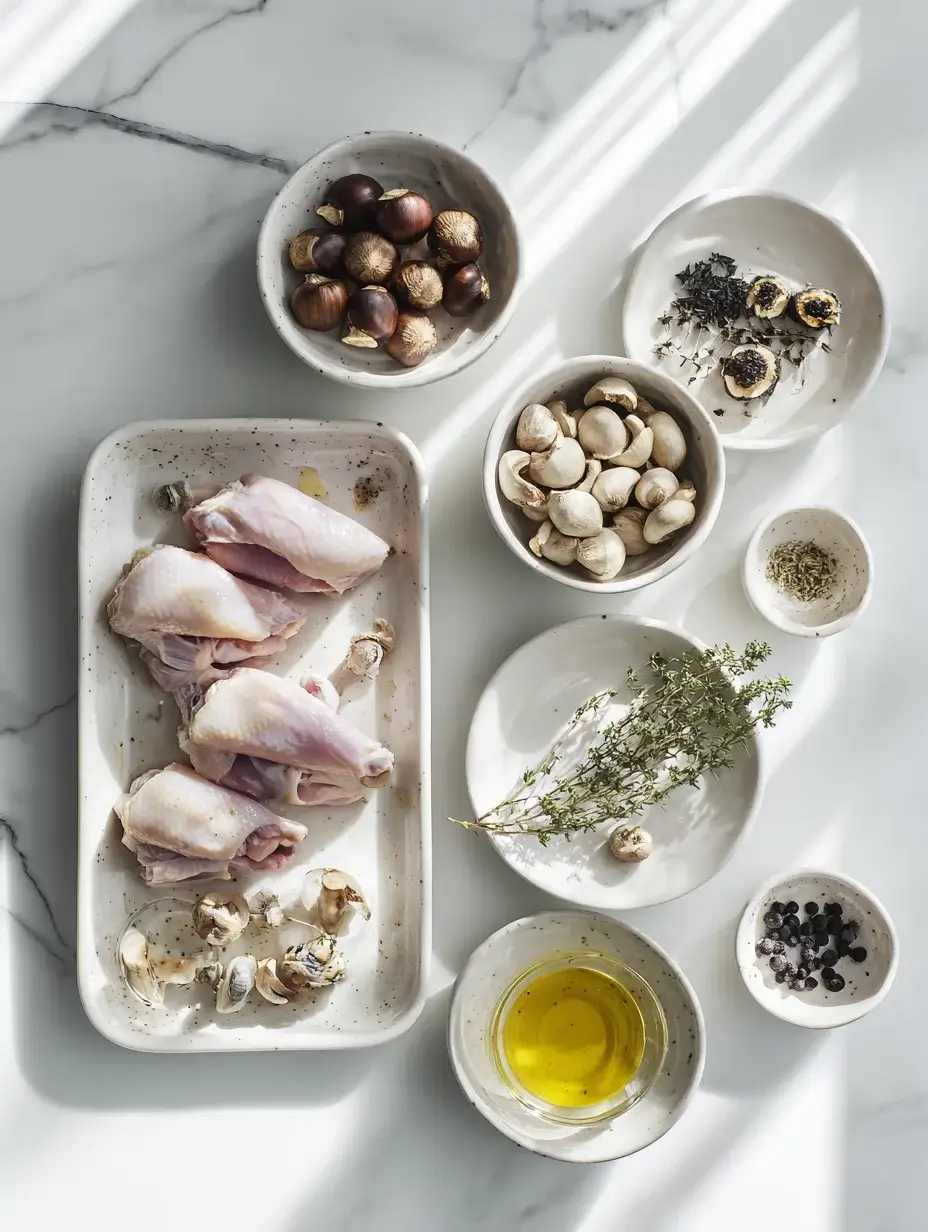 Ingredients for Quail Roulade with Chestnut Cream on marble countertop.