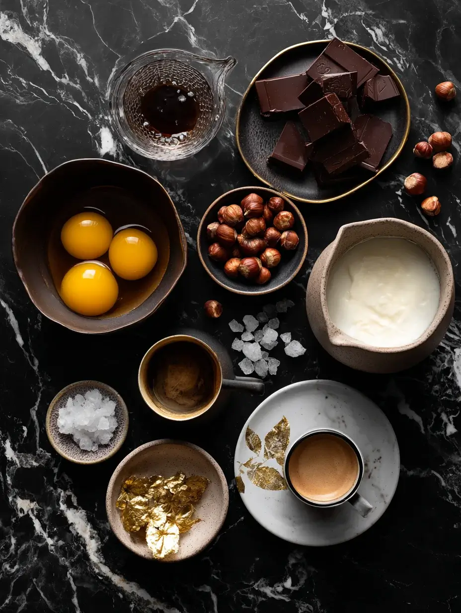 Fine-dining flat lay of Dark Chocolate Mousse Egg ingredients styled in bowls and plates.