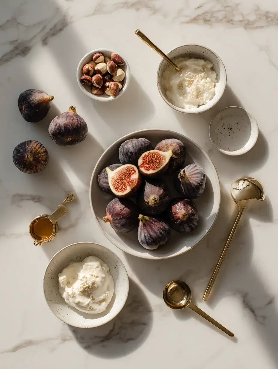 Fresh figs, mascarpone, hazelnuts, and cream ingredients on marble