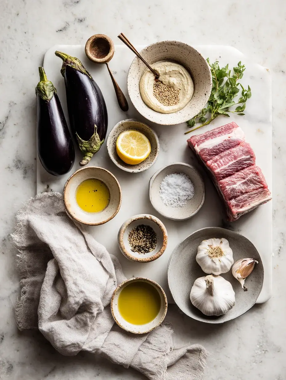 Fresh ingredients for Lamb Loin Log on marble counter.