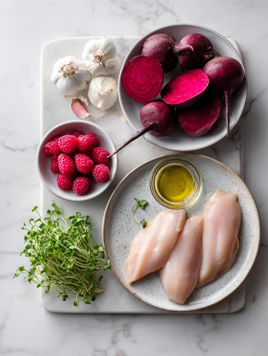 Fresh ingredients for seared chicken breast and beetroot purée arranged on marble countertop.