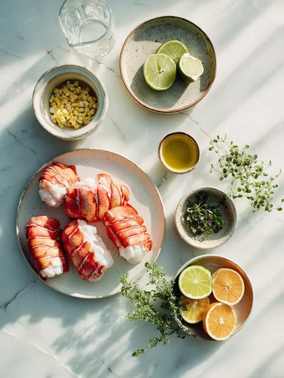Fresh ingredients for Citrus Lobster Medallion including lobster, corn, and citrus.