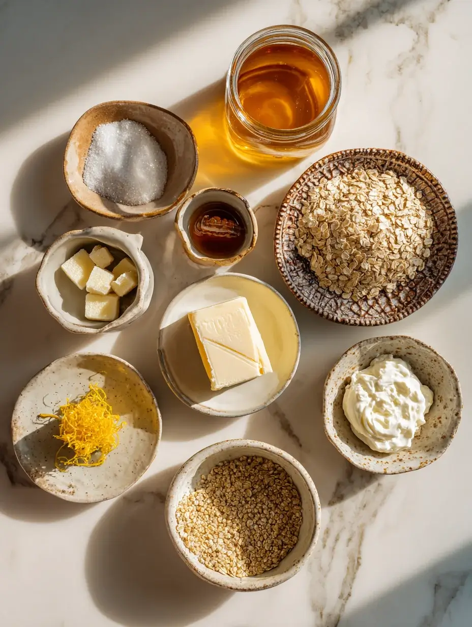 Flat lay of cheesecake ingredients on marble countertop