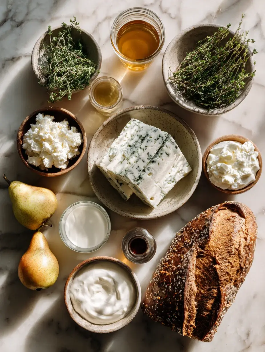 Flat lay of ingredients for Blue Cheese Mousse Log with pears, thyme, and rye bread.
