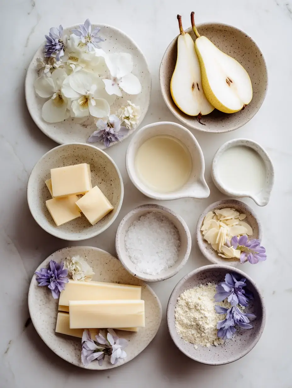 Ingredients for Pear & Vanilla Silk dessert arranged on marble countertop.