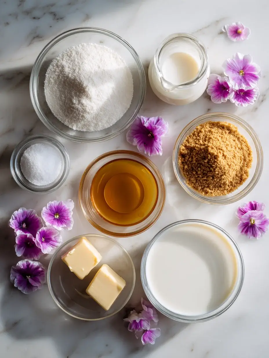 Ingredients for caramel silk domes sugar, cream, butter, and almond flour.