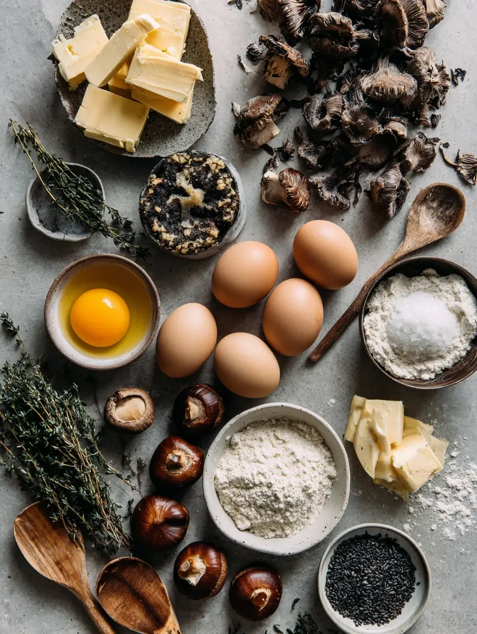 Ingredients for roasted mushroom tartlet neatly displayed on marble countertop