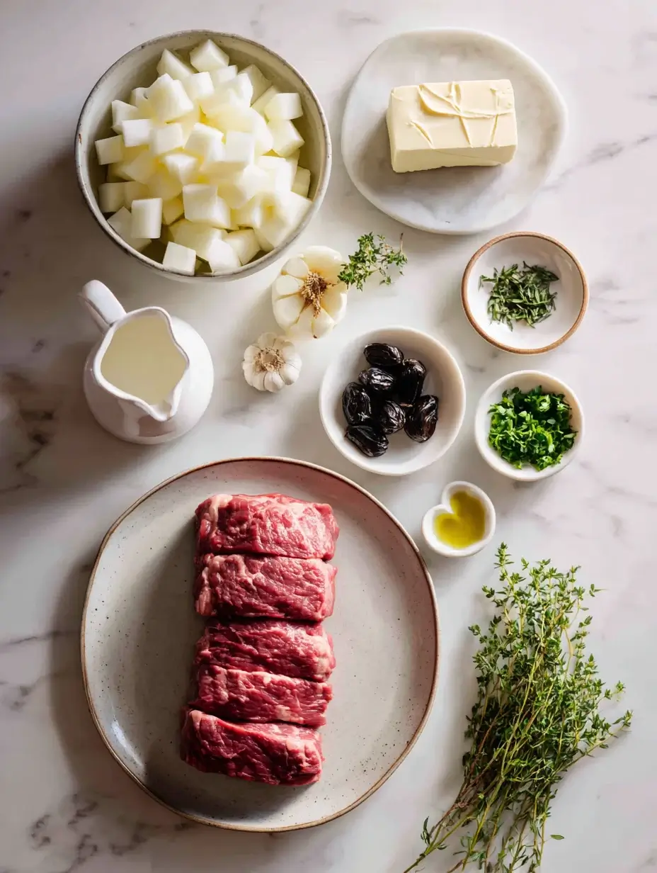 Ingredients for Beef Tenderloin with Celeriac Silk including beef, celeriac, black garlic, and herbs