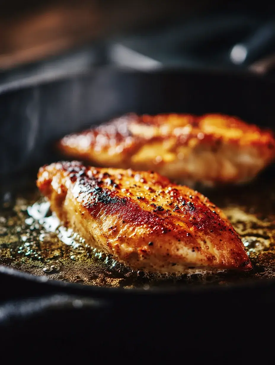 Chicken breast being seared to golden perfection in a cast-iron skillet.