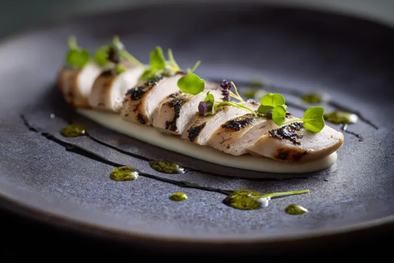 Sous-vide chicken plated with celeriac cream, black garlic, and herb oil.