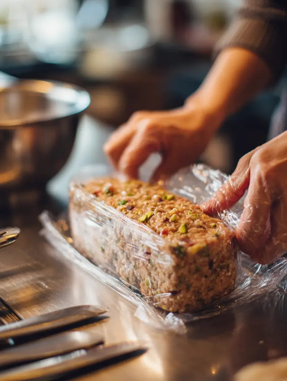 Pressing chicken and pistachio mixture into a terrine mold.