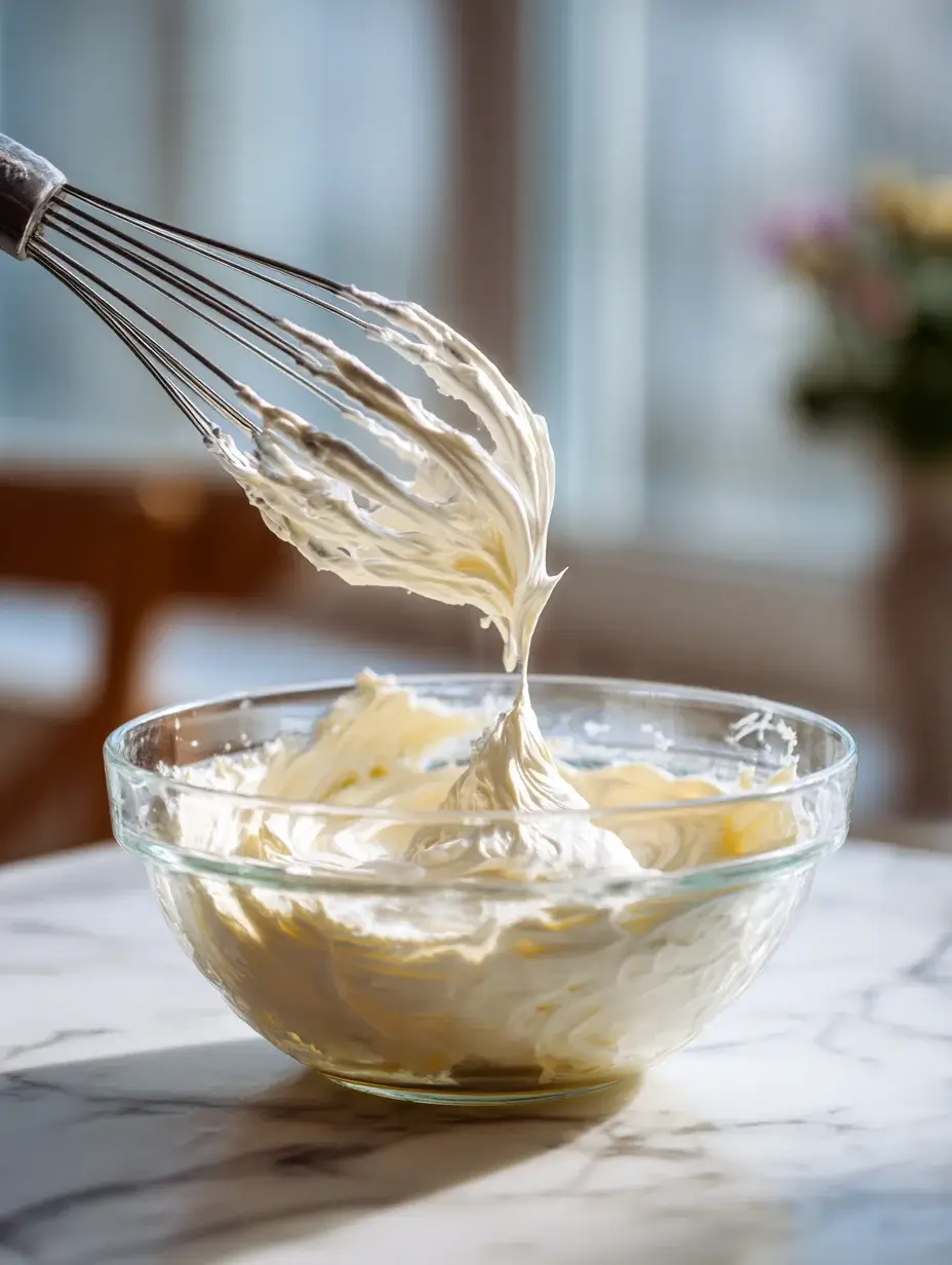 Whipping mascarpone cream in a glass bowl