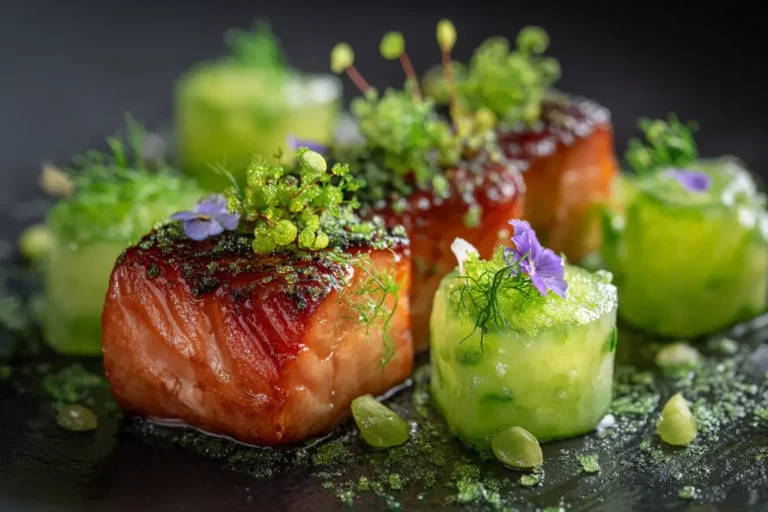 Charred Salmon Cube with cucumber gel and dill crystal powder on a modern plate