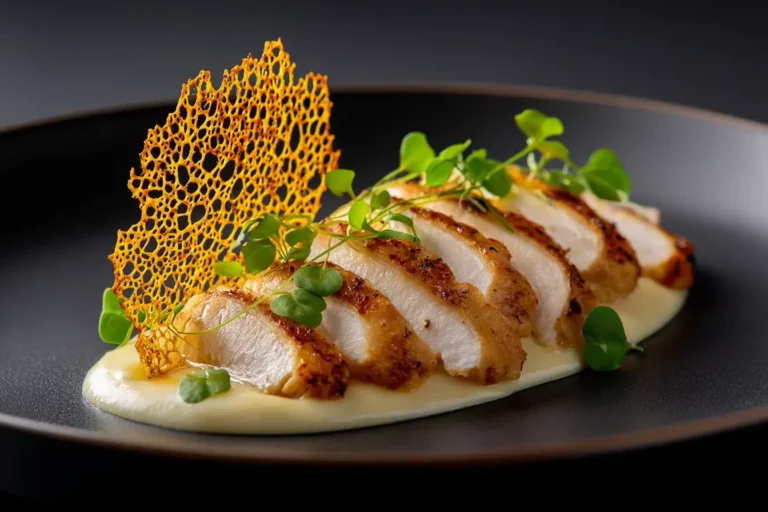 Roasted Chicken Breast with Sweet Corn Velouté and Smoked Paprika Lace on marble countertop.