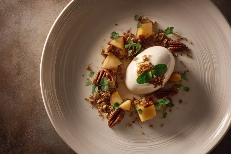 Brie mousse with honeyed apple and pecan soil on a marble counter.