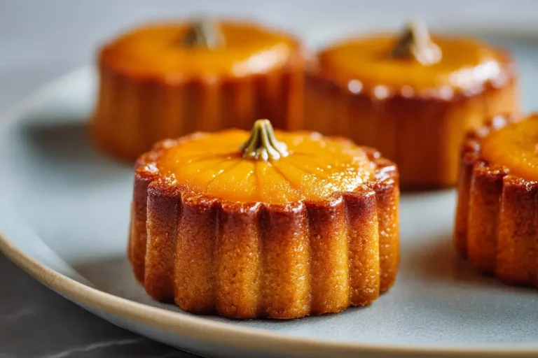 Mini Glazed Pumpkin Cakes on marble counter with glossy glaze