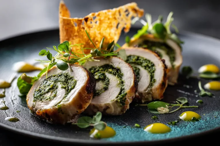Chicken Roulade with Spinach Mousse plated with citrus gel and Parmesan crisp.