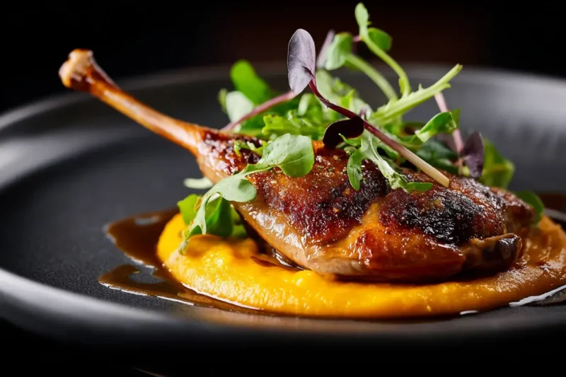 Crispy quail legs on sweet potato purée with honey–ginger glaze.