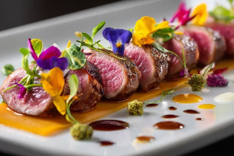 Duck Breast Roll plated with sweet potato silk, fig reduction, and pistachio soil.