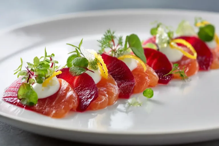 Salmon Gravlax with Beet Veil and Horseradish Snow