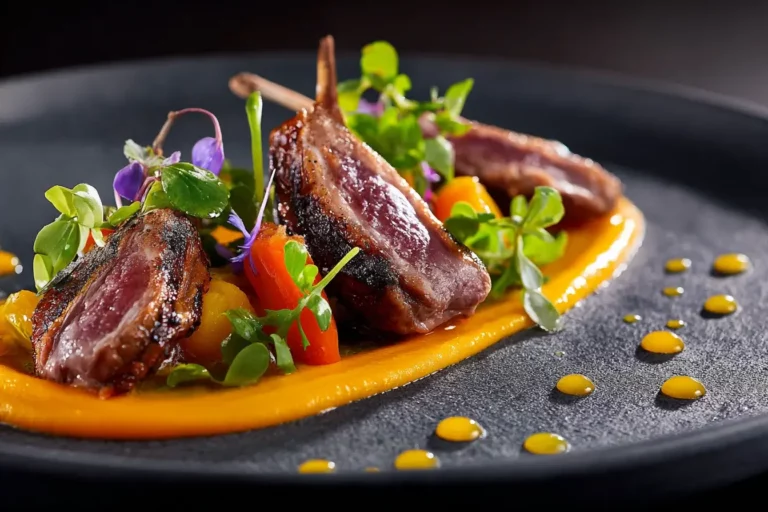 Pan-seared quail breast on carrot silk purée with citrus oil and glazed vegetables.
