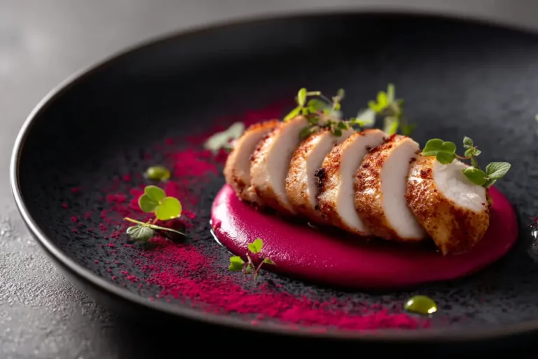 Seared chicken breast with beetroot purée and raspberry dust on marble plate.