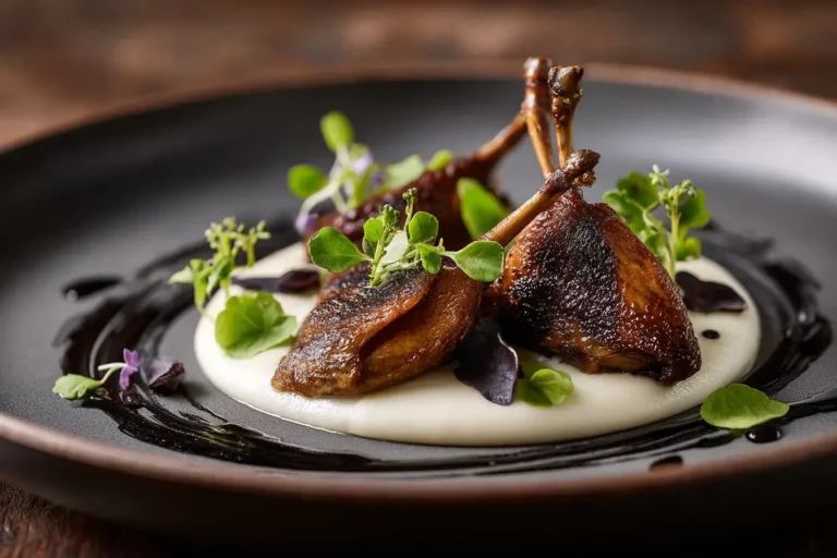 Quail Duo plated with celery root cream and black garlic veil on marble counter.