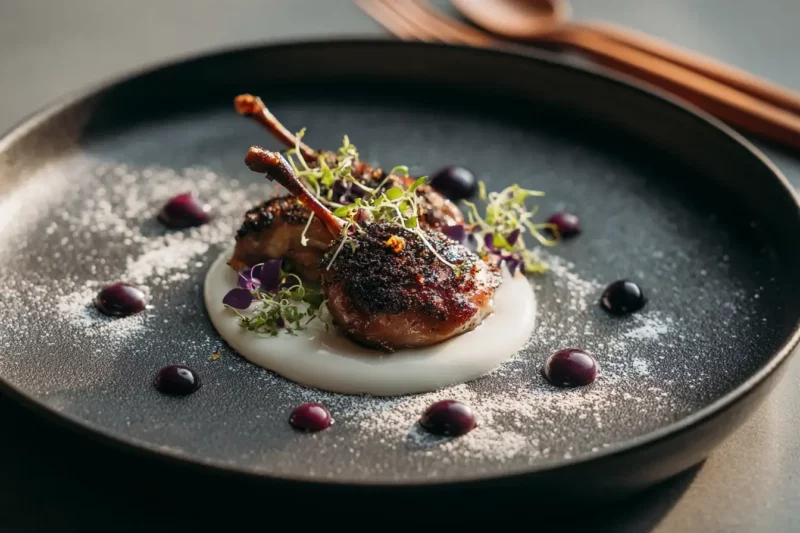 Roasted Quail with Chestnut Cream, Fig Gel, and Thyme Dust