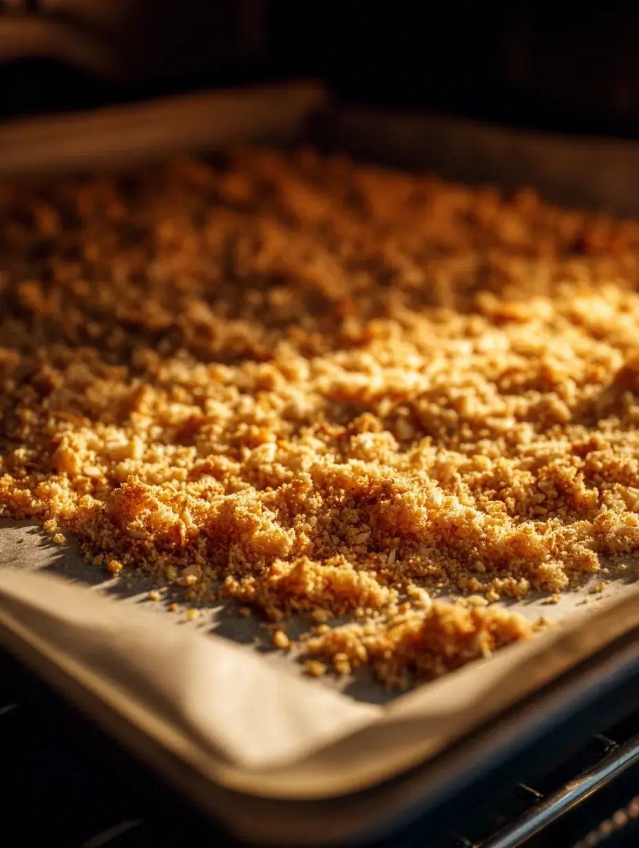 Golden almond crumble baking in the oven.