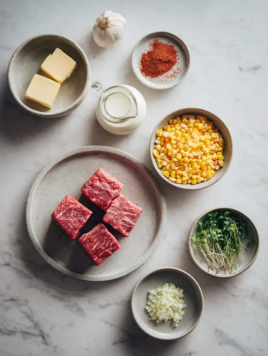 Fresh ingredients for Wagyu Seared Cube  Wagyu beef, corn, paprika, and herbs on marble counter.