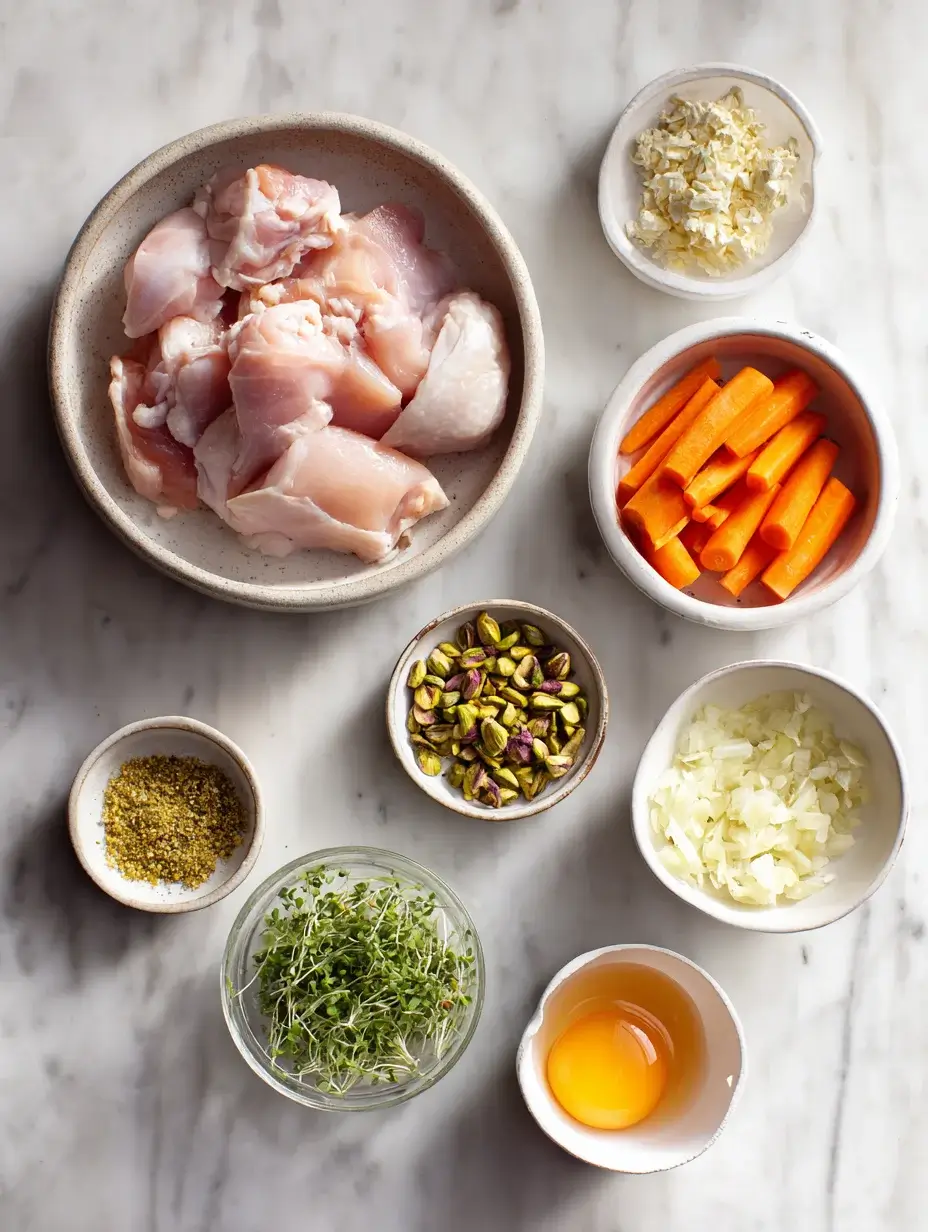 Ingredients for Pressed Chicken Terrine arranged on a marble counter.